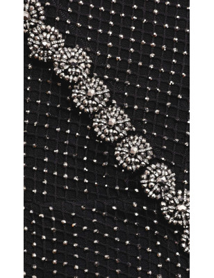 Fileli Kendinden Işıltılı Kristal Düğmeli Premium Maksi Elbise