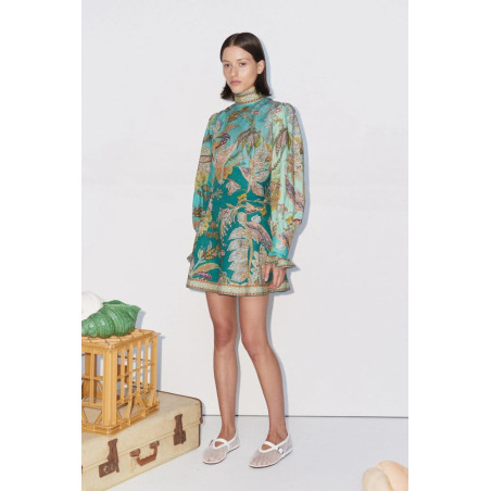 Desenli Sırtı Pencereli Premium Keten Elbise